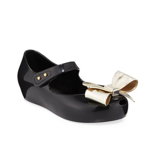 Mini Melissa Shoes - Mini Melissa Ultragirl Classic Mary Jane Flats Black Gold Bow